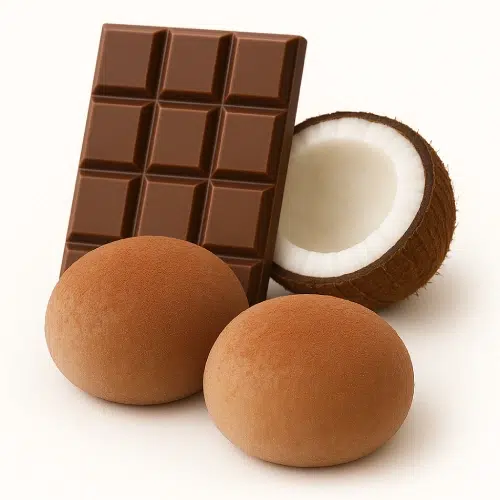 Chocolat, noix de coco et deux boules marron